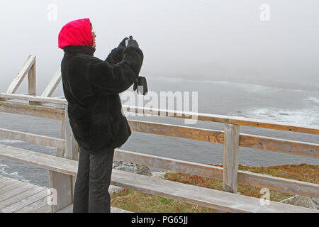 Frau Fotographien nehmen an der Rose Blanche Leuchtturm, nebligen Tag in Rose Blanche Hafen, Stockfoto