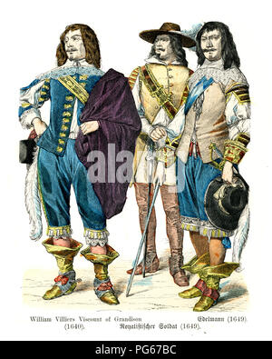 Mode von Mitte des 17. Jahrhundert in England. William Villiers, Vicomte von Grandison, Roylist Soldat, Edelmann 1649 Stockfoto