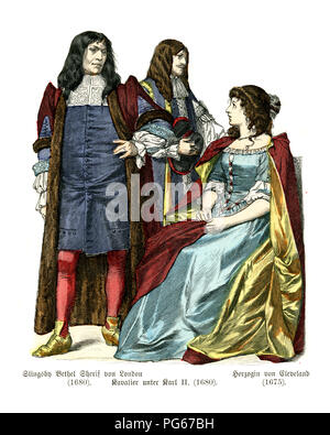 Mode von Mitte 17 Cnetury England. Slingsby Bethel Sherif von London, Cavalier King Charles II., Herzogin von Cleveland Stockfoto