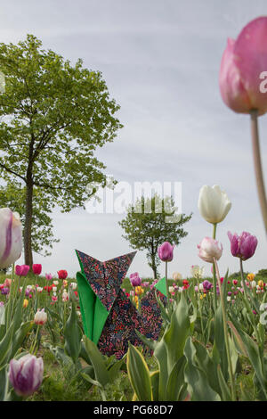Origami Fuchs in Tulpenfeld Stockfoto