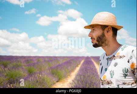 Frankreich, Provence, Plateau von Valensole, Mann mit Strohhut in der Lavendelfelder im Sommer Stockfoto