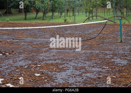 Stillgelegte Tennisplatz in schlechtem Zustand Stockfoto