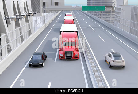 Vorderansicht der Flotte der amerikanischen Trucks, cargo Drohnen das Fahren auf der Autobahn. Logistik und Transport Konzept. 3D-Bild. Stockfoto