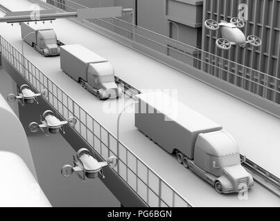 Ton Rendering der amerikanischen Trucks, cargo Drohnen und fliegenden Auto. Logistik und Transport Konzept. 3D-Bild. Stockfoto