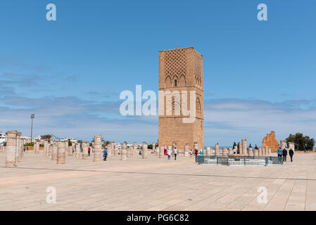 Tour Hassan, Rabat, Marokko - Wahrzeichen Minarett der unvollendeten Moschee gebaut von Moulay Ismail Stockfoto