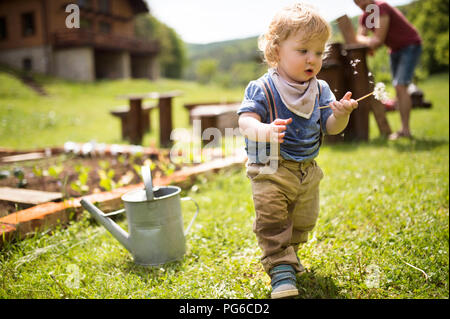 Junge im Garten mit der Gießkanne und Vater im Hintergrund Stockfoto