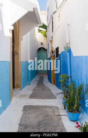 Die engen Gassen der Kasbah des Oudaia in Rabat, der Hauptstadt von Marokko. Alle Wände in der Medina sind lackiert in Blau und Weiß Stockfoto