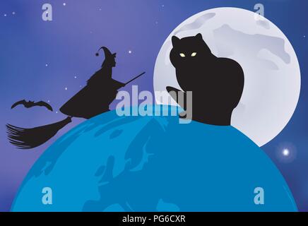 Vector Illustration einer schwarzen Katze sitzt auf dem Globus und eine Hexe fliegt über es auf einer Vollmondnacht in der Feier von Halloween Stock Vektor