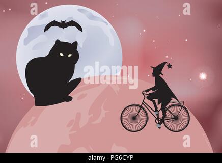 Vector Abbildung: Eine große, schwarze Katze sitzt auf dem Globus und die Hexe Ausfahrten rund um den Globus auf einem Fahrrad auf einer mondhellen Nacht in Halloween celebr Stock Vektor