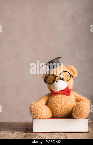 Brauner Teddybär in einer akademischen Cap ist auf einem dicken Wörterbuch platziert. Nahaufnahme Stockfoto