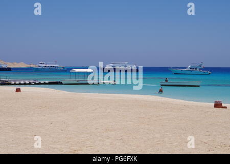 Strand und Steg mit luxuriösen Yachten auf See von Mahmya, Giftun Insel am Roten Meer, Ägypten Stockfoto