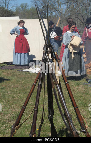 Muskets mit Bajonetten, die im Union Camp zusammengeschichtet sind. Historische Nachstellung im Appomattox Court House, VA, USA. Stockfoto