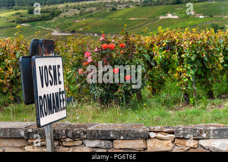 VOSNE ROMANÉE Schild und Weinberg am Eingang der Wein Vosne-Romanee Village, Cote d'Or, Burgund Frankreich Stockfoto