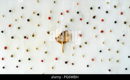 Anordnung der Pilz und Pfefferkörner weiß Stockfoto