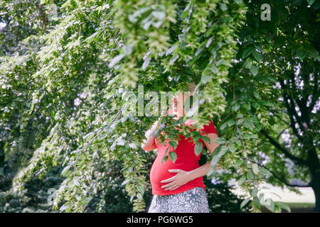 Lächelnd schwangere Frau hinter Zweige eines Baumes Stockfoto