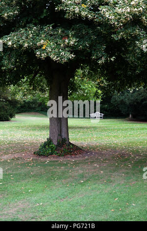 Ein traditionell geformte Lutyens 3-Sitzer Bank aus Cornis Hartholz in einer großen englischen Country House in Nottinghamshire. Stockfoto