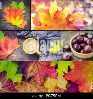 Herbst, Collage aus Fotos - bunt und hell Hintergrund mit gefallenen Blätter im Herbst. Warme Strickmütze und Tasse Kaffee auf rustikalen Holzmöbeln Tabl Stockfoto