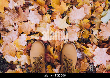 Casual Unisex Stiefel mit Herbst Laub. Herbst Herbst Szene. Konzeptionelle Bild der Beine in Stiefel und Jeans auf der Blätter im Herbst. Lifestyle Mode Stockfoto
