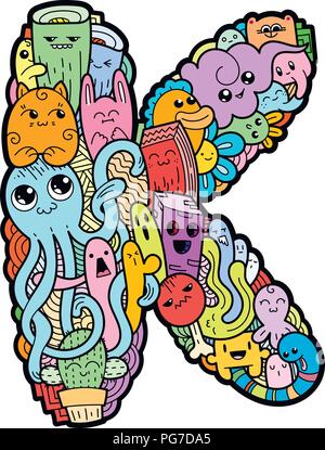 Schreiben K. Hand gezeichnet doodled Kinder schreiben K. Cute monstred Schriftzug, text Symbole. Vector Illustration für Web, Design, Dekoration, Bildung, Drucke, Stock Vektor