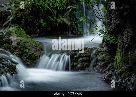 Kleiner Wasserfall fließt auf Rock in Wäldern in langen Belichtung Stockfoto