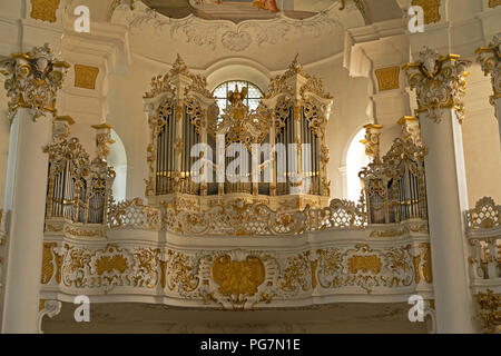 Orgel vorne, Wieskirche Wieskirche (Pilgerfahrt) in der Nähe von Lechbruck am See, Allgäu, Bayern, Deutschland Stockfoto