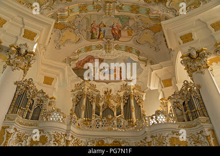 Orgel vorne, Wieskirche Wieskirche (Pilgerfahrt) in der Nähe von Lechbruck am See, Allgäu, Bayern, Deutschland Stockfoto