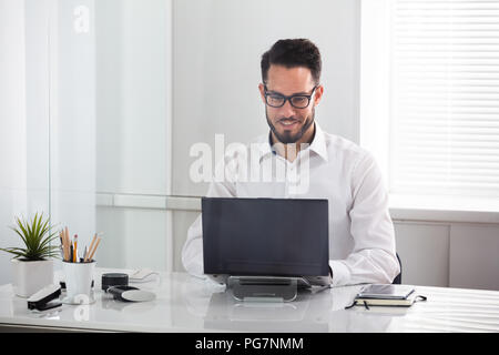 Lächelnde junge Unternehmer mit Laptop im Büro Stockfoto