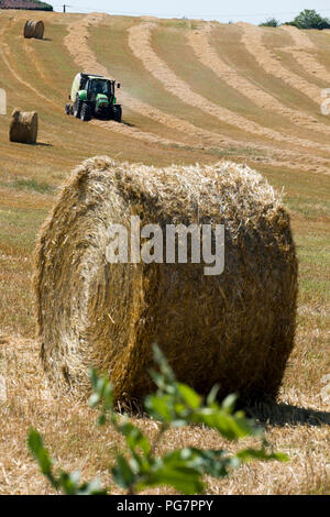 Traktor und Ballenpressen Maschine und xollecting baiing Heu in der Nähe von Najac, Aveyron, Royal, Frankreich, Europa Stockfoto