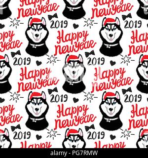 Husky in der Kappe von Santa. Symbol des Jahres Hund. Schriftzug 2019. Vektor nahtlose Muster für ein glückliches Neues Jahr. Stock Vektor