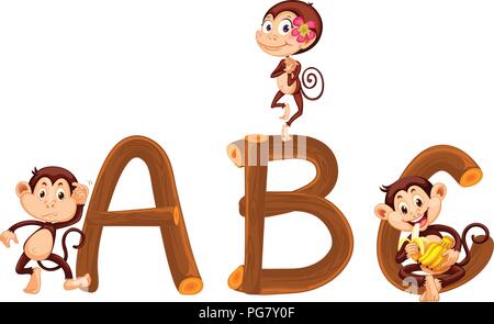 Niedlichen Affen- und Holz- alphabet Abbildung Stock Vektor