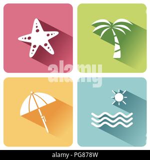 Vier Sommer und Tourismus Icons mit Schatten gesetzt. Erste Gruppe. Vector Illustration Stock Vektor