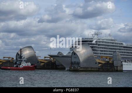 London, 24. August 2018. Die Viking Sun Schiff fährt durch die Thames Barrier auf dem Weg nach Greenwich, Stufe, wo Sie mit Moor. Credit: Claire Doherty/Alamy leben Nachrichten Stockfoto