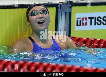 Jakarta, Indonesien. 24 Aug, 2018. Ikee Rikako von Japan reagiert, nachdem der Frauen 50 m Freistil Finale der Schwimmen am 18. asiatischen Spiele in Jakarta, Indonesien, Nov. 24, 2018. Ikee gewann die Goldmedaille. Credit: Fei Maohua/Xinhua/Alamy leben Nachrichten Stockfoto