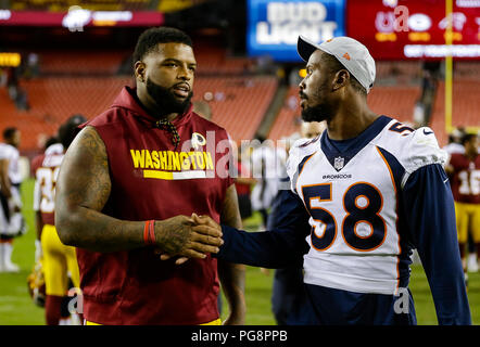 Landover, USA. 24. August 2018: Denver Broncos LB #58 von Miller nach einem preseason NFL Football Spiel zwischen den Washington Redskins und die Denver Broncos am FedEx Feld in Landover, Md. Justin Cooper/CSM Credit: Cal Sport Media/Alamy leben Nachrichten Stockfoto