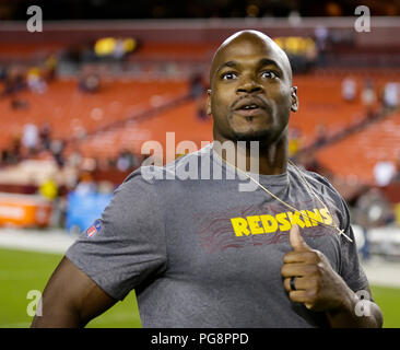 Landover, USA. 24. August 2018: Washington Redskins RB #26 Adrian Peterson nach einem preseason NFL Football Spiel zwischen den Washington Redskins und die Denver Broncos am FedEx Feld in Landover, Md. Justin Cooper/CSM Credit: Cal Sport Media/Alamy leben Nachrichten Stockfoto