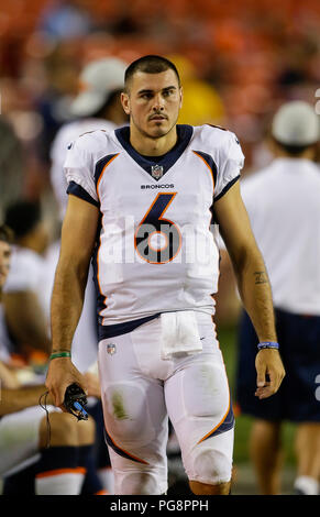 Landover, USA. 24. August 2018: Denver Broncos QB #6 Tschad Kelly während einer preseason NFL Football Spiel zwischen den Washington Redskins und die Denver Broncos am FedEx Feld in Landover, Md. Justin Cooper/CSM Credit: Cal Sport Media/Alamy leben Nachrichten Stockfoto