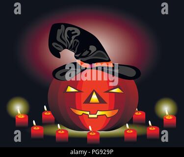 Leuchtende Kürbis in einen Hut für Halloween und Kerzen Stock Vektor