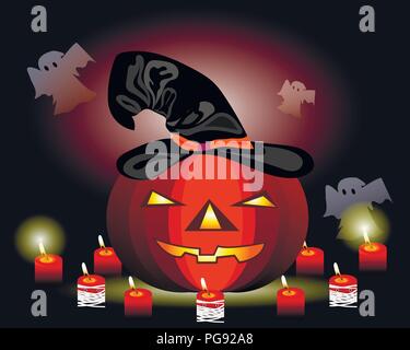 Glühend Halloween Kürbis mit Kerzen und Geister Stock Vektor