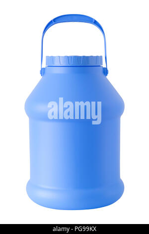 Kunststoff, Wasser und Flüssigkeiten Fasslagerung. Blaue Kanister oder Behälter mit Deckel und Griffen, auf weißem Hintergrund. Stockfoto
