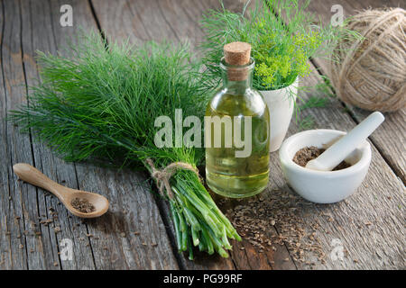 Bündel frischer grüner Dill, Mörtel von Fenchel Samen und Dill Öl auf Holzplatte. Stockfoto