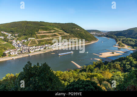 Rheintal in das Obere Mittelrheintal zwischen Bingen, Assmannshausen und Blick auf den Rhein in der Nähe von Weinbergen Assmanshausen, Stockfoto