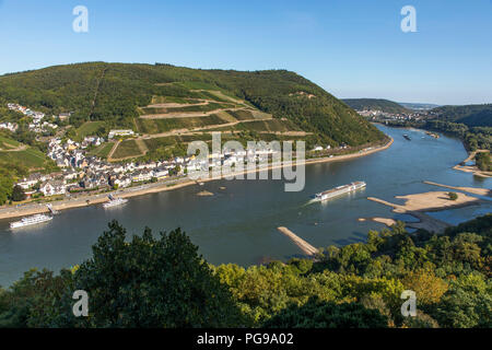 Rheintal in das Obere Mittelrheintal zwischen Bingen, Assmannshausen und Blick auf den Rhein in der Nähe von Weinbergen Assmanshausen, Stockfoto