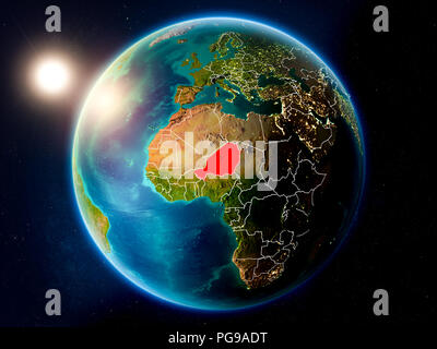 Sonnenuntergang über Niger in Rot hervorgehoben auf dem Planeten Erde mit sichtbaren Grenzen. 3D-Darstellung. Elemente dieses Bild von der NASA eingerichtet. Stockfoto