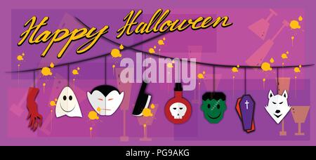 Abbildung von Happy Ghost, Monster und Übel Hängen an Spooky Hintergrund für Halloween Feier Party. Stock Vektor