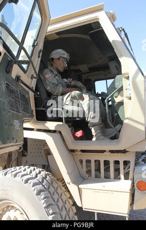 Spc. Michael Brigola (links), einen Computer zur Erkennung von Werkstatt und Sgt. Jerome Lee (in den Sitz des Treibers), ein radfahrzeug Mechaniker, sowohl von Echo Company, 328 Brigade Support Battalion, 56th Stryker Brigade Combat Team, 28 Infanterie Division, Pennsylvania Army National Guard, bereiten Sie in einem Light Medium taktische Fahrzeug in einen Konvoi von der National Training Center, Fort Irwin des Schienenkopfes in Yermo, Kalifornien 12.08.19 zu fahren. Brigola stützte sich auf die Beratung und Betreuung, die er von Lee während der 56 SBCT Kampftraining Drehung am NTC empfangen. (U.S. Army National Guard pho Stockfoto