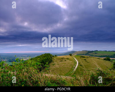 Bewölkt bedeckt Sommer Sonnenaufgang über dem South Downs Way Wanderweg von Beacon Hill und Harting in der South Downs National Park, Hampshire, Großbritannien Stockfoto