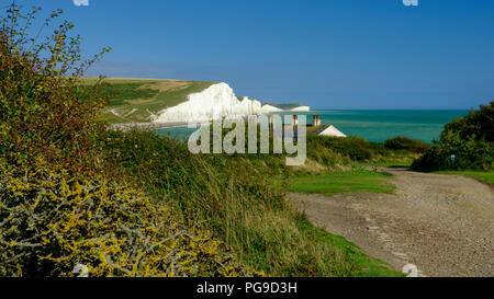 Sommernachmittag Licht auf den Severn Schwestern weißen Klippen und die Küstenwache Cottages im Cuckmere, in der South Downs National Park, East Sussex, Großbritannien Stockfoto