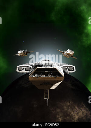 Deep Space Battle Fleet Bildung vorbei an einem dunklen Planeten Stockfoto