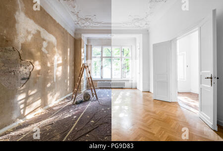 Sanierungskonzept - Wohnung vor und nach der Restaurierung oder Sanierung - Stockfoto