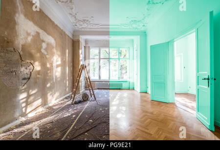 Apartment Zimmer vor und nach der Restaurierung oder Sanierung - Renovierung Konzept - Stockfoto